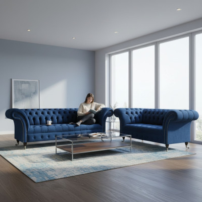Edle Chesterfield Sofagarnitur Designer Blauer Dreisitzer Polster 2-er