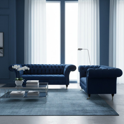 Edle Chesterfield Sofagarnitur Designer Blauer Dreisitzer Polster 2-er
