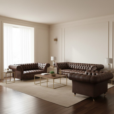 Braune Chesterfield Ledergarnitur Wohnzimmer 4-Sitzer Zweisitzer Sessel
