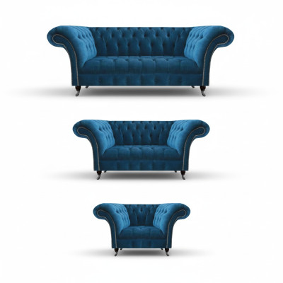 Chesterfield Blaue Polstergarnitur Wohnzimmer Sofagarnitur 3-Sitzer 3tlg