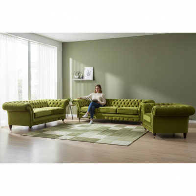 Olivengrüne Chesterfield Garnitur Wohnzimmer Sofagarnitur Luxus Set 3tlg