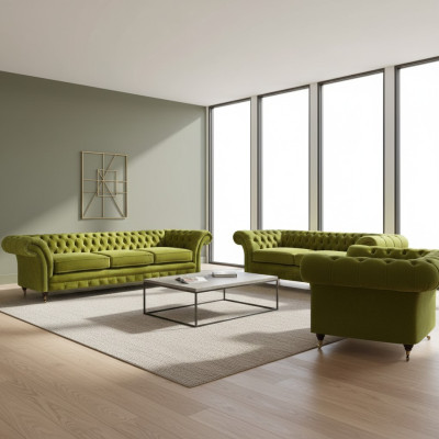 Olivengrüne Chesterfield Garnitur Wohnzimmer Sofagarnitur Luxus Set 3tlg