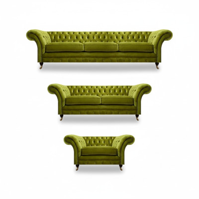 Olivengrüne Chesterfield Garnitur Wohnzimmer Sofagarnitur Luxus Set 3tlg