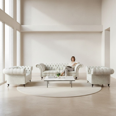 Weiße Chesterfield Textilsofas Wohnzimmer Sofagarnitur Designer Set 3tlg