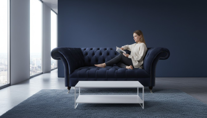 Dunkelblaue Polstercouch Chesterfield Wohnzimmer Textilsofa Moderne Möbel