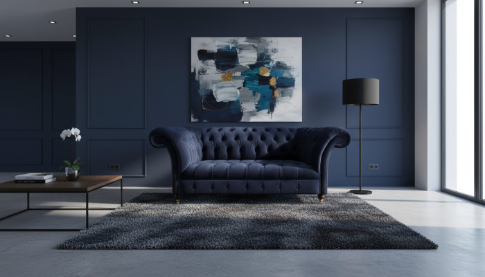 Dunkelblaue Polstercouch Chesterfield Wohnzimmer Textilsofa Moderne Möbel