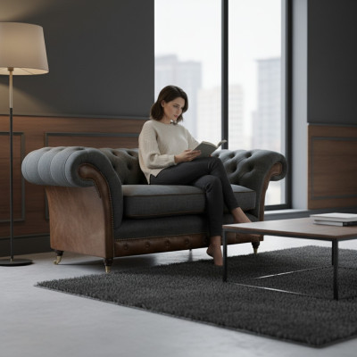 Braun-Grauer Chesterfield Einsitzer Wohnzimmer Sitzsessel Textil Möbel