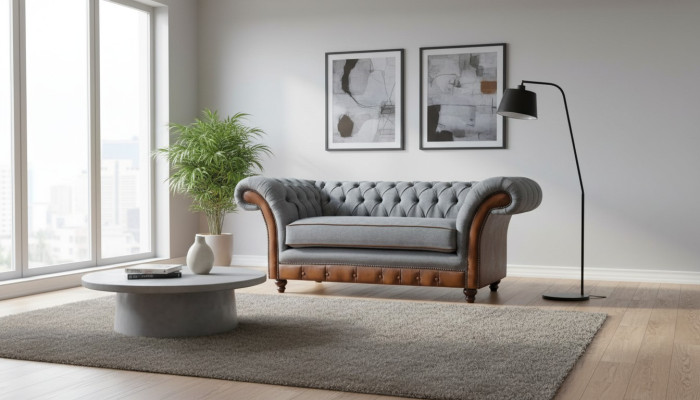 Luxuriöser Chesterfield Hellgrauer 2-Sitzer Polster Designer Sitzmöbel