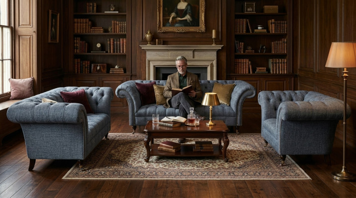 Wohnzimmer Chesterfield Set Designer Graue Sofagarnitur Sessel 3-Sitzer