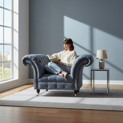 Moderner Chesterfield Einsitzer Grauer Wohnzimmer Textilsessel 1-Sitzer