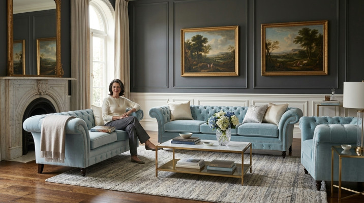 Luxuriöse Blaue Chesterfield Polster Garnitur Dreisitzer Lehnsessel 3tlg