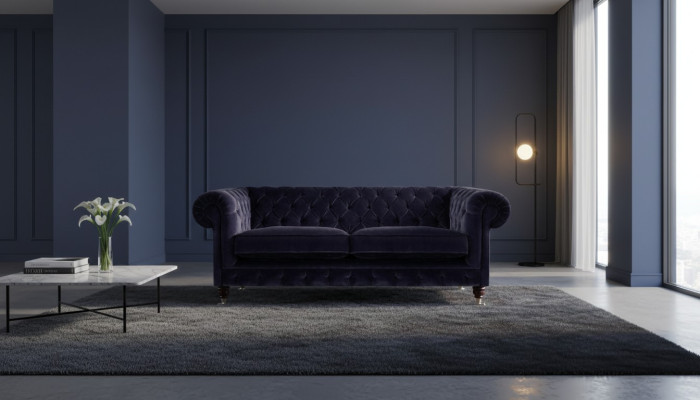 Dunkelblauer Chesterfield Zweisitzer Wohnzimmer Edles Stoffsofa Couch