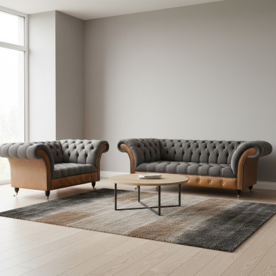 Hellgrau-Braune Chesterfield Sofa Set Edle Sitzmöbel Moderne Garnitur