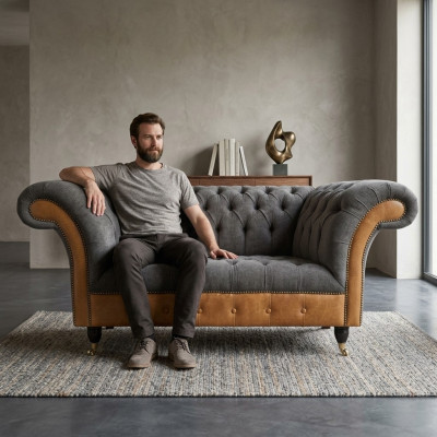 Grauer Exklusiver Chesterfield Zweisitzer Komfortable Textil Edle Sofas
