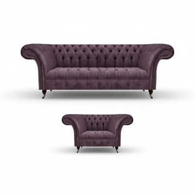 Chesterfield Lila Wohnzimmer Couchgarnitur Edler 3-Sitzer Textil Sessel