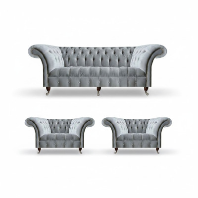 Hellgraue Chesterfield Sitzgarnitur Dreisitzer Einsitzer 2x Sessel 3tlg