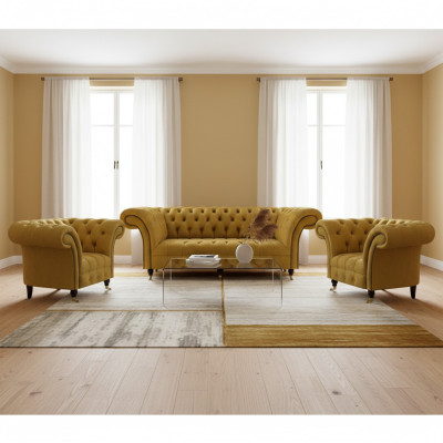 Chesterfield Gelbe Sitzgarnitur Designer Dreisitzer Edle Lehnsessel 3tlg