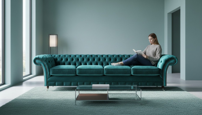 Elegante Chesterfield Grüne Polstercouch Moderner Vieristzer Textilsofa