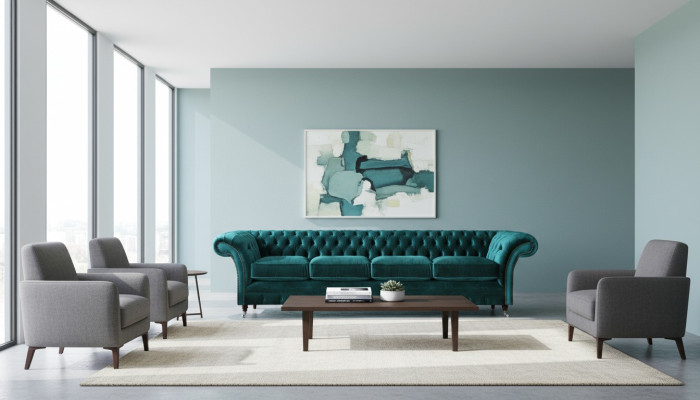 Elegante Chesterfield Grüne Polstercouch Moderner Vieristzer Textilsofa