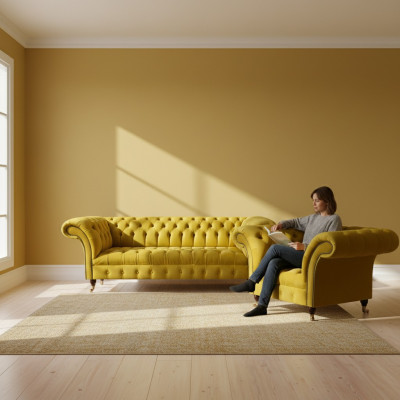 Moderne Gelbe Chesterfield Polstergarnitur Edler 3-Sitzer Textilsessel