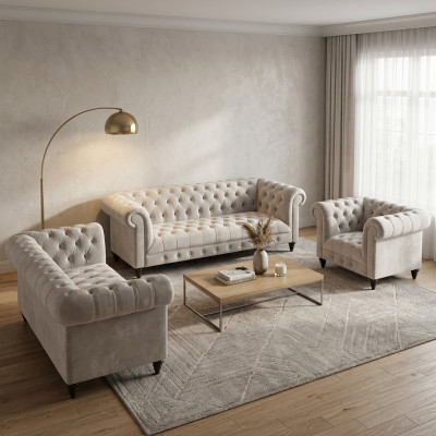 Moderne Chesterfield Weiße Sofagarnitur Edle Polstersofas Sessel 3tlg