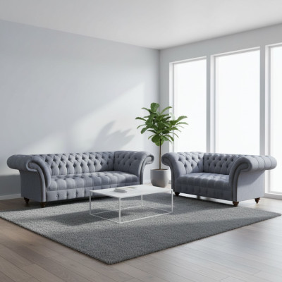 Hellgraue Chesterfield Polstercouchen Designer 3-Sitzer Zweisitzer 2tlg