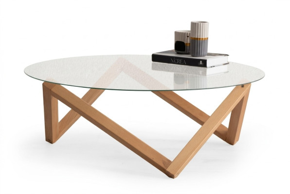  Couchtisch im modernen Stil runde Glastischplatte Wohnzimmer Holzbeine