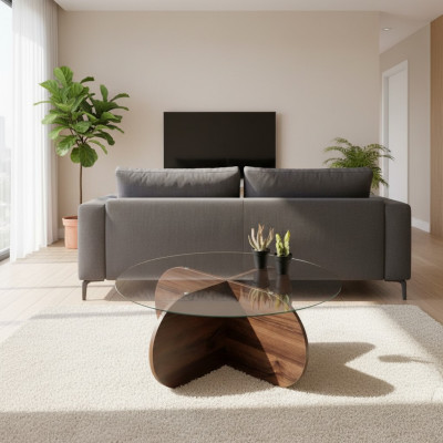  Moderner Couchtisch Wohnzimmer Glas dunkelbraunes Holz Spanplatte Neu