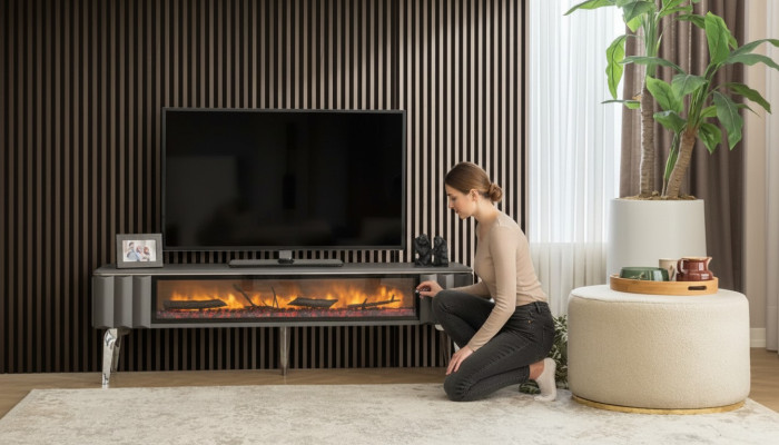 Hochwertiges TV-Sideboard Kamin MDF Metall grau Farbe neu Wohnzimmer