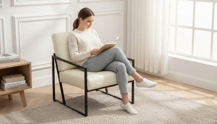  Exklusiver Sessel Wohnzimmer moderner Stil beige Textil Metallbeine