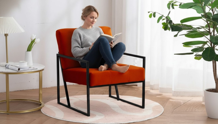  Orange Sessel Wohnzimmer Luxusmöbel Hochwertige Metallbeine Textil Neu