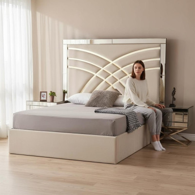 Beige Schlafzimmer Möbel Textilbett Luxuriöse Holz 2x Nachttische 3tlg
