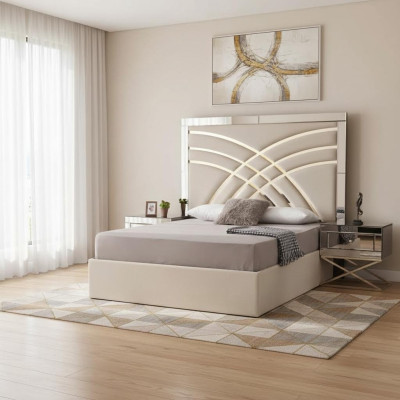 Beige Schlafzimmer Möbel Textilbett Luxuriöse Holz 2x Nachttische 3tlg