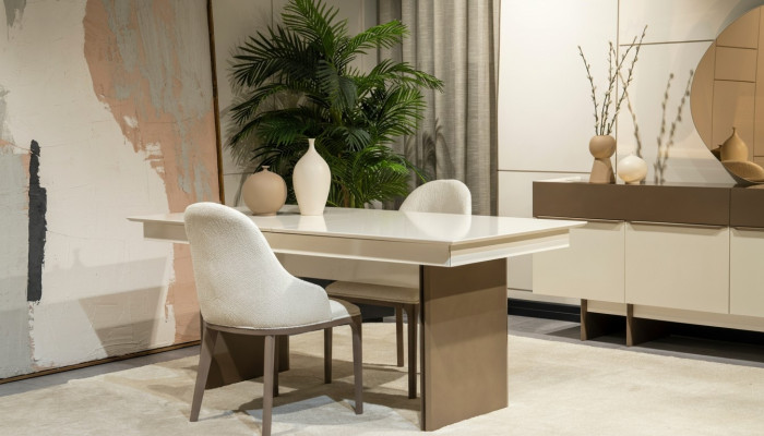 Weiß-Braune Esszimmer Garnitur Ausziehbarer Tisch 6x Stühle Anrichte