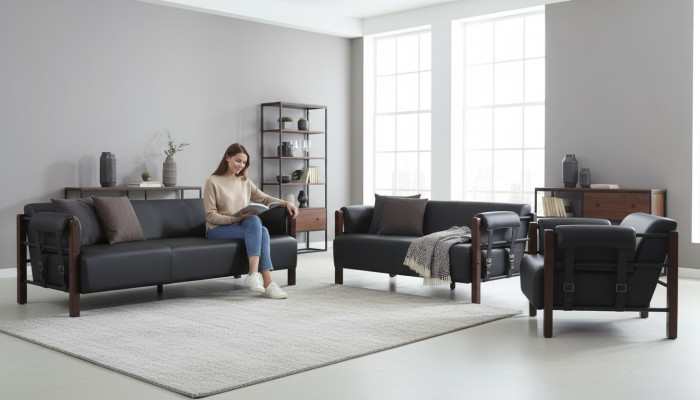 Sofagarnituren Sofa-Set Ledersofa 3-Sitzer 2-Sitzer Sessel Holz Couch