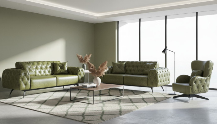 Sofa-Set Chesterfield 3-Sitzer 2-Sitzer Leder Holz Sessel Grün Klassisch