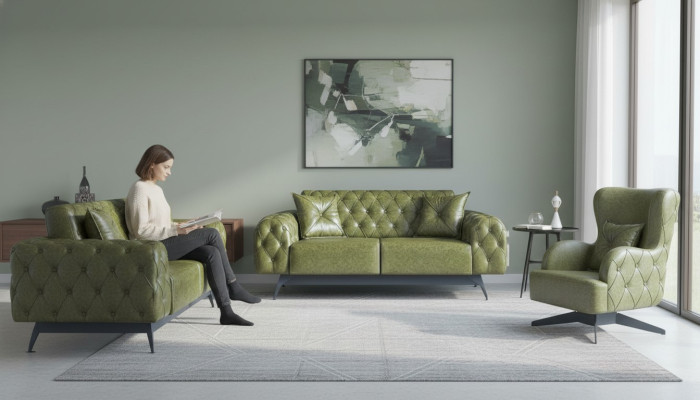 Leder Couch Sofa-Set 2-Sitzer Grün Polster Kissen Sessel Klassisch Weich