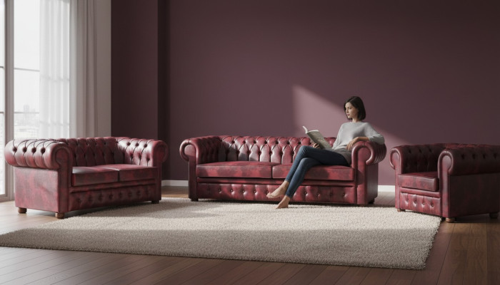 Sitzmöbel Set Bordeaux 3-Sitzer 2-Sitzer Sessel  Chesterfield Klassische Möbel