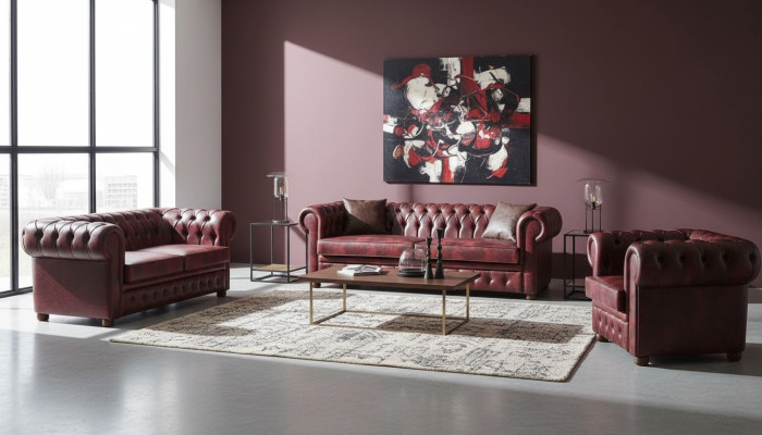 Sitzmöbel Set Bordeaux 3-Sitzer 2-Sitzer Sessel  Chesterfield Klassische Möbel