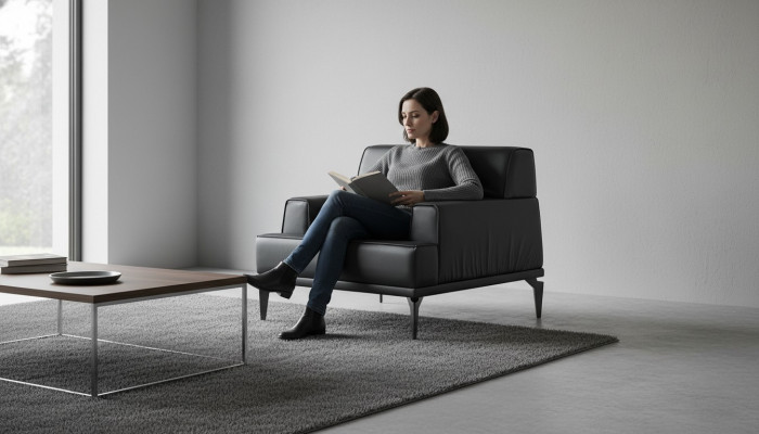 Sessel Lehnsessel Schwarz Leder Weiche Vierseitig Modern Edelstahl Holz