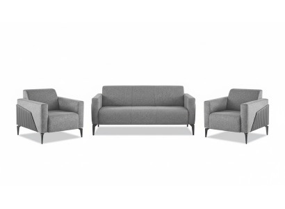 Komplett Set 3-Sitzer 2-Sitzer Sessel Grau Leder Modern Textil Couch