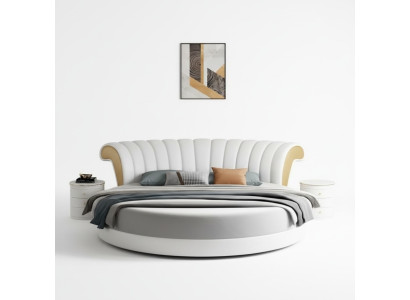 Beige kerek ágy modern dizájnnal a hálószobába