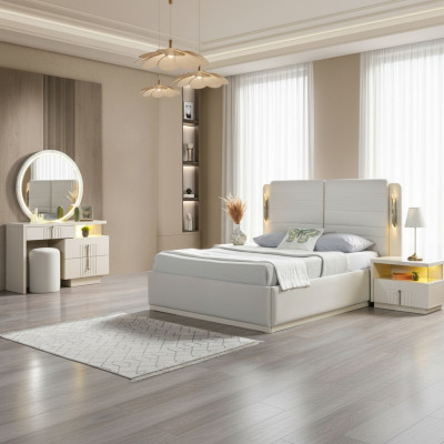 Ágy 2 modern és elegáns éjjeliszekrénnyel, 5 darabos szett