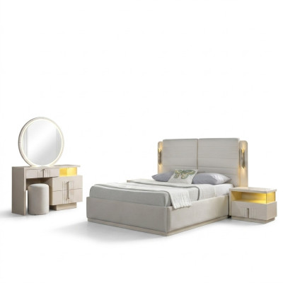Ágy 2 modern és elegáns éjjeliszekrénnyel, 5 darabos szett