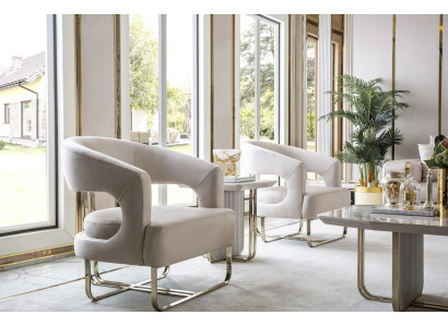 Wohnzimmer Set Beige 2x Sessel Weiß Beistelltisch Elegantes Möbel Neu