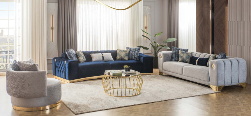 Komplett Wohnzimmer Hochwertig stilvoll 3-Sitzer Couch Modern Grau Sessel