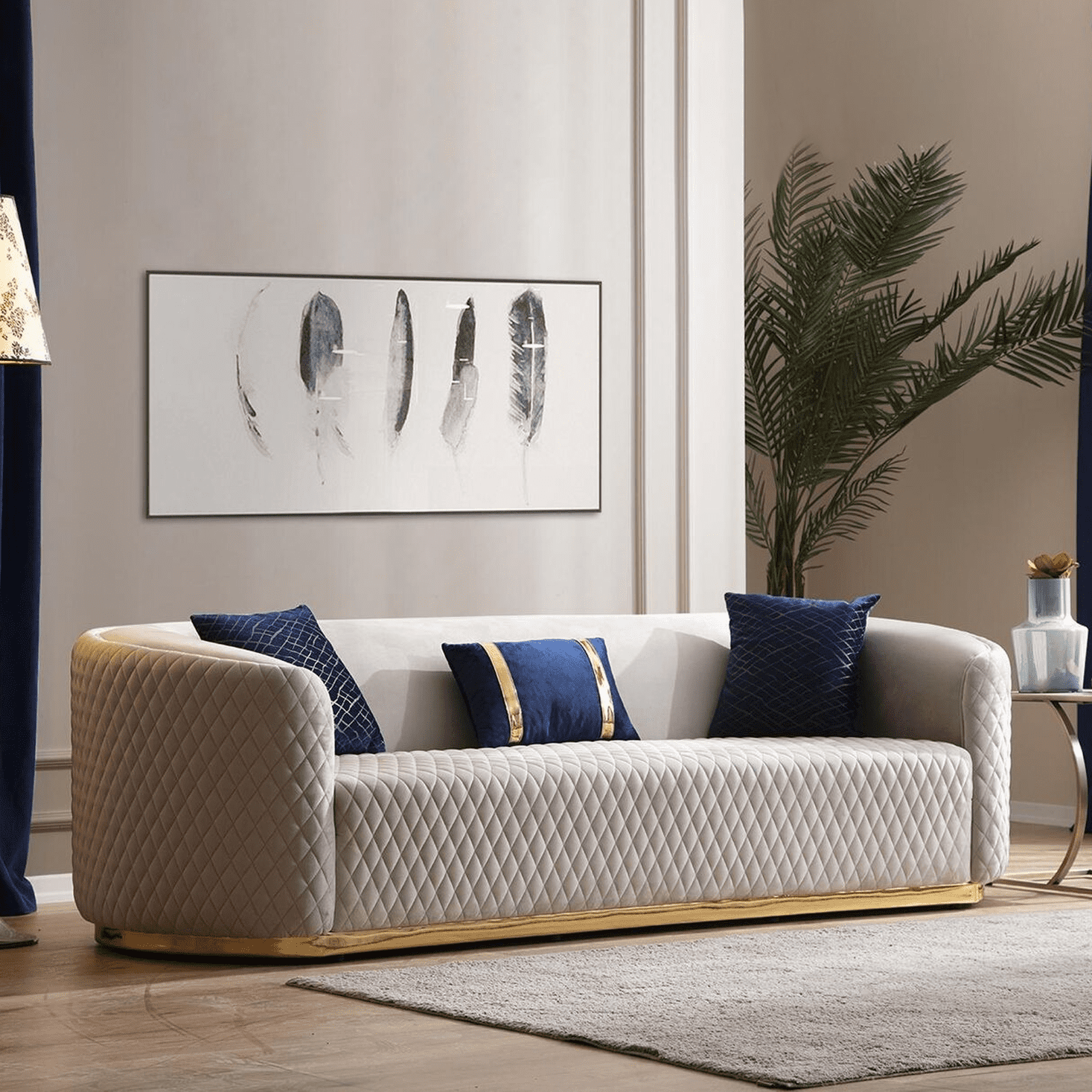 Bézs háromüléses rozsdamentes acél bútor luxus kanapék design nappali bútor